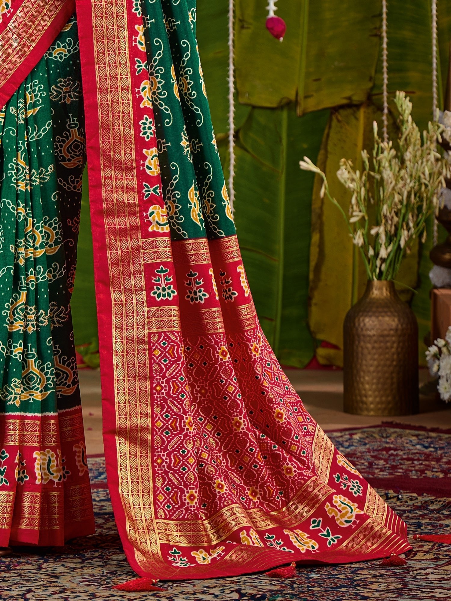 Green & Red Bandhani Silk Saree with Patola Pallu - Ressa