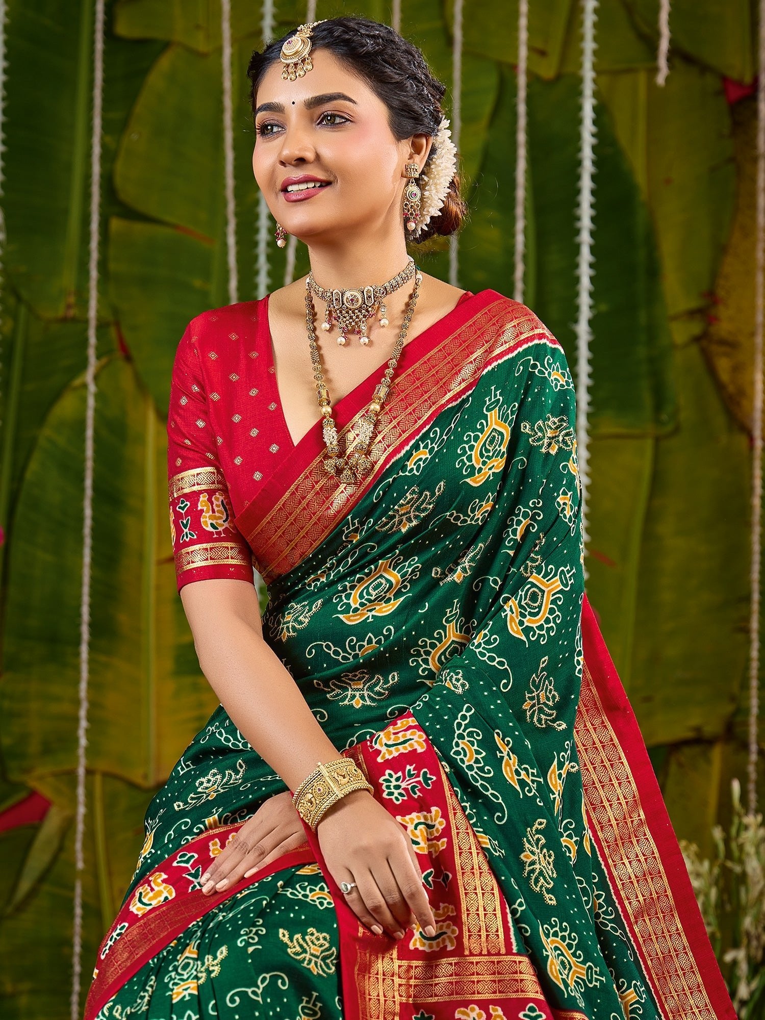 Green & Red Bandhani Silk Saree with Patola Pallu - Ressa