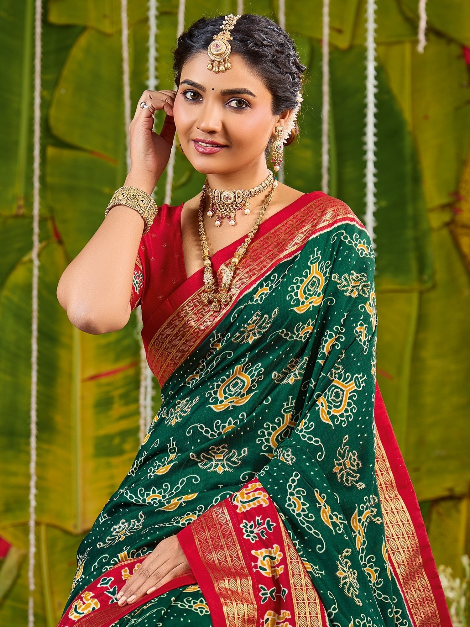 Green & Red Bandhani Silk Saree with Patola Pallu - Ressa