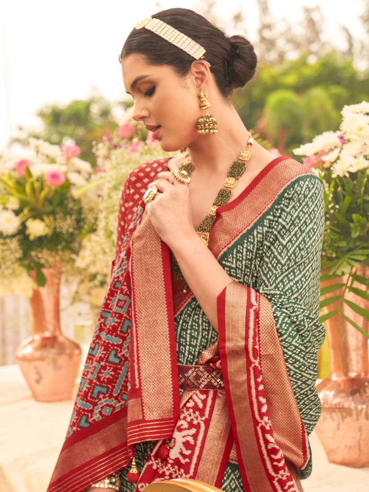 Green & Red Patola Silk Saree - Ressa