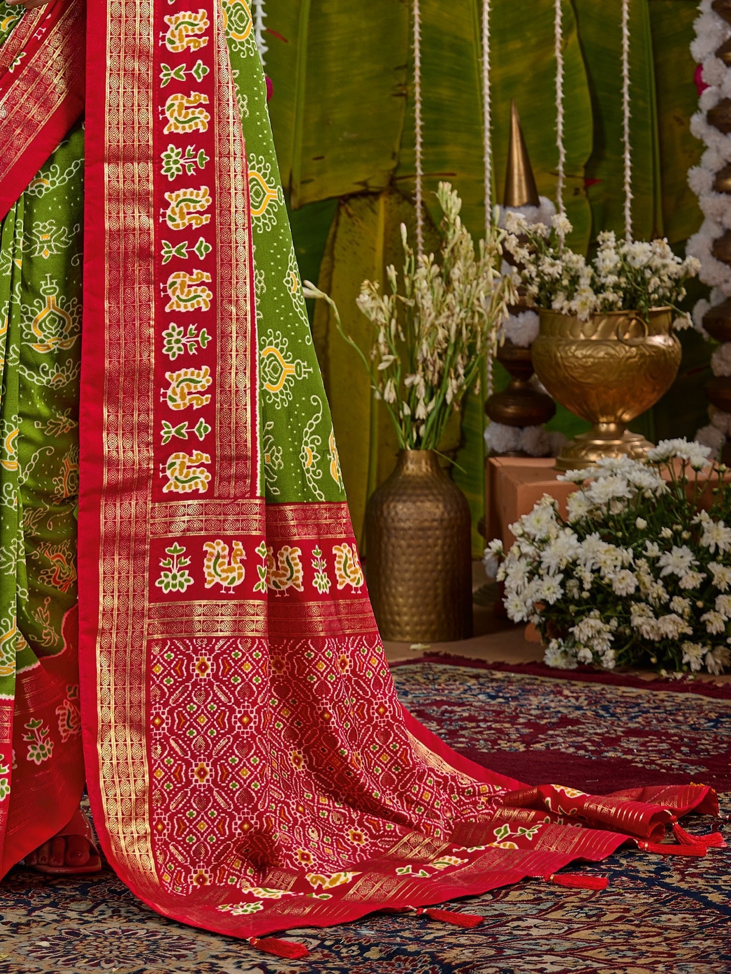 Green & Red Tussar Silk Saree with Zari Border - Ressa
