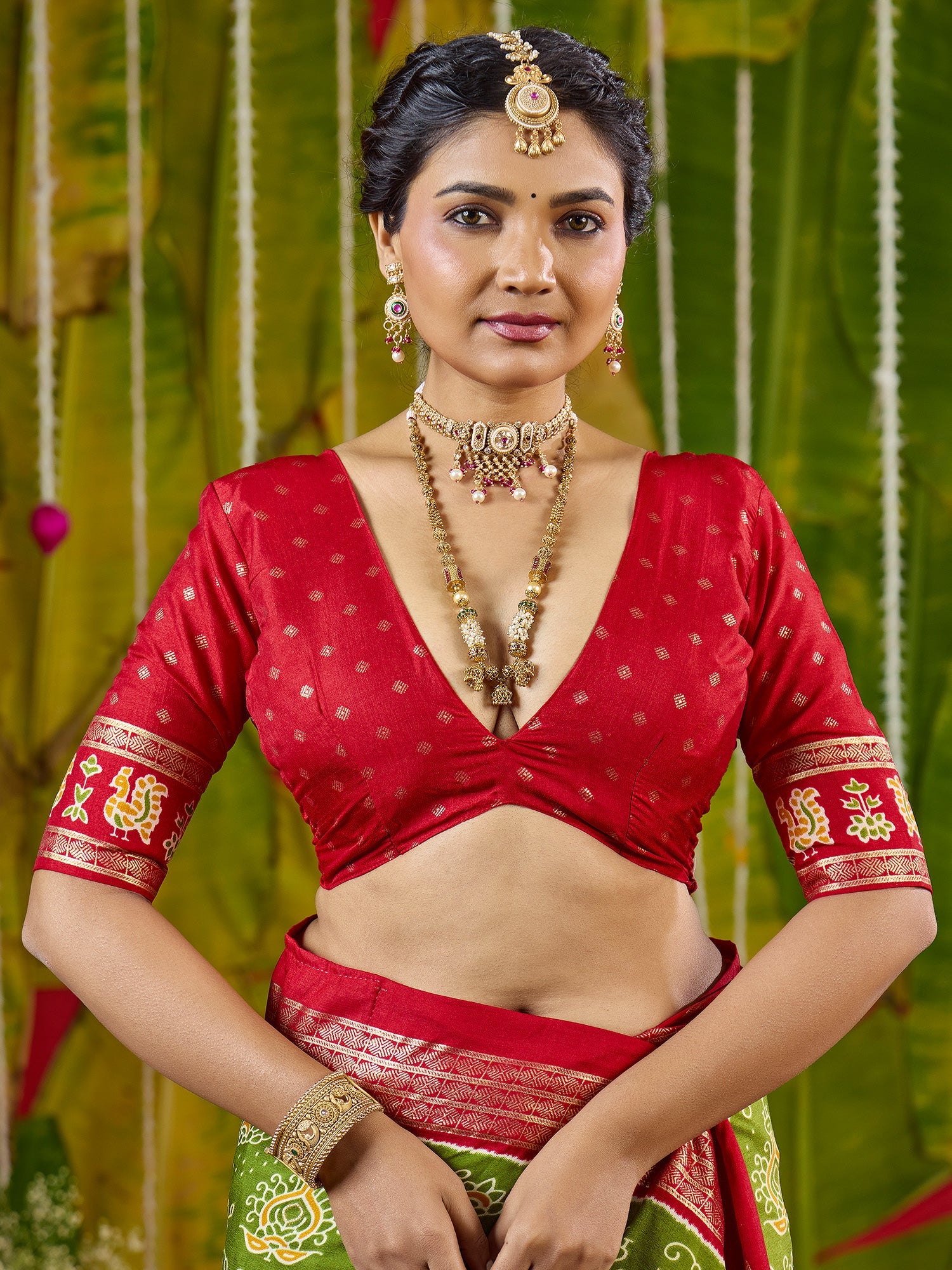 Green & Red Tussar Silk Saree with Zari Border - Ressa