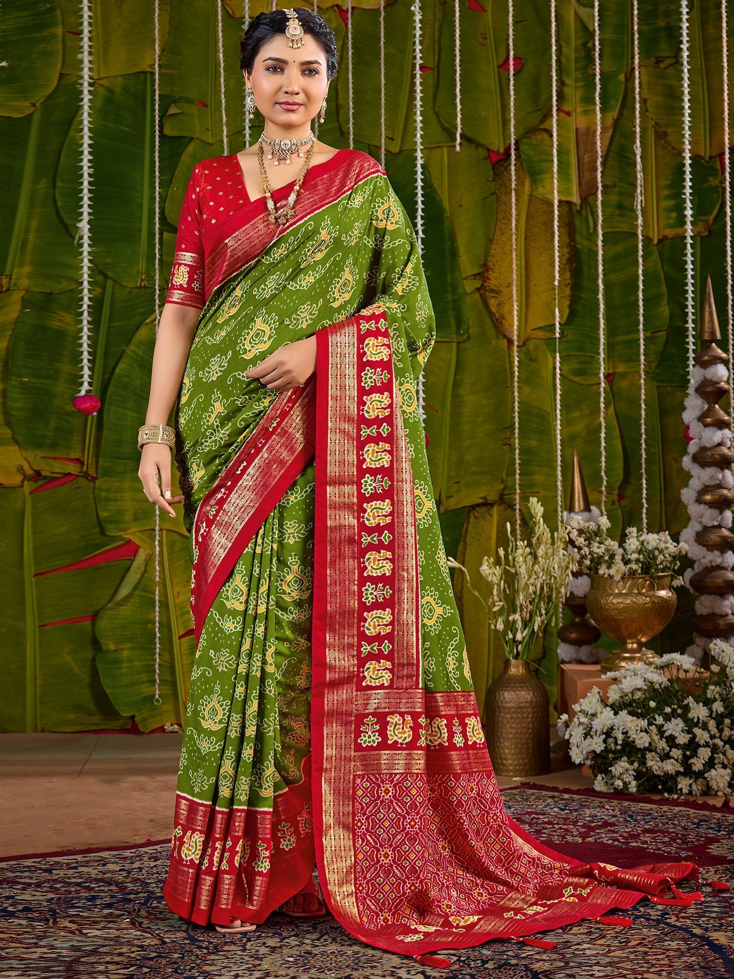 Green & Red Tussar Silk Saree with Zari Border - Ressa
