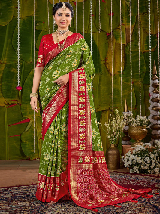 Green & Red Tussar Silk Saree with Zari Border - Ressa