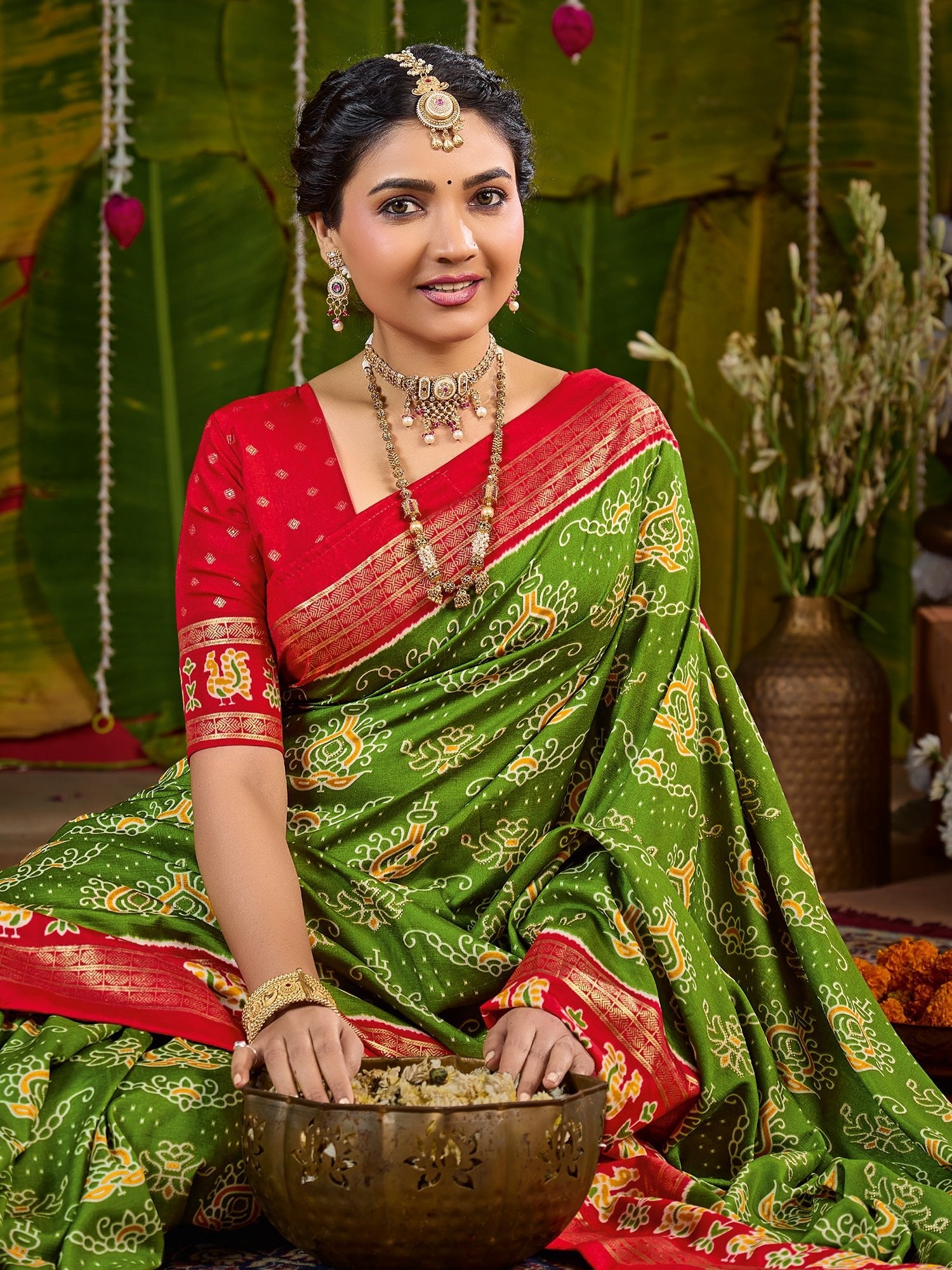 Green & Red Tussar Silk Saree with Zari Border - Ressa