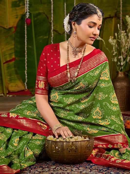 Green & Red Tussar Silk Saree with Zari Border - Ressa