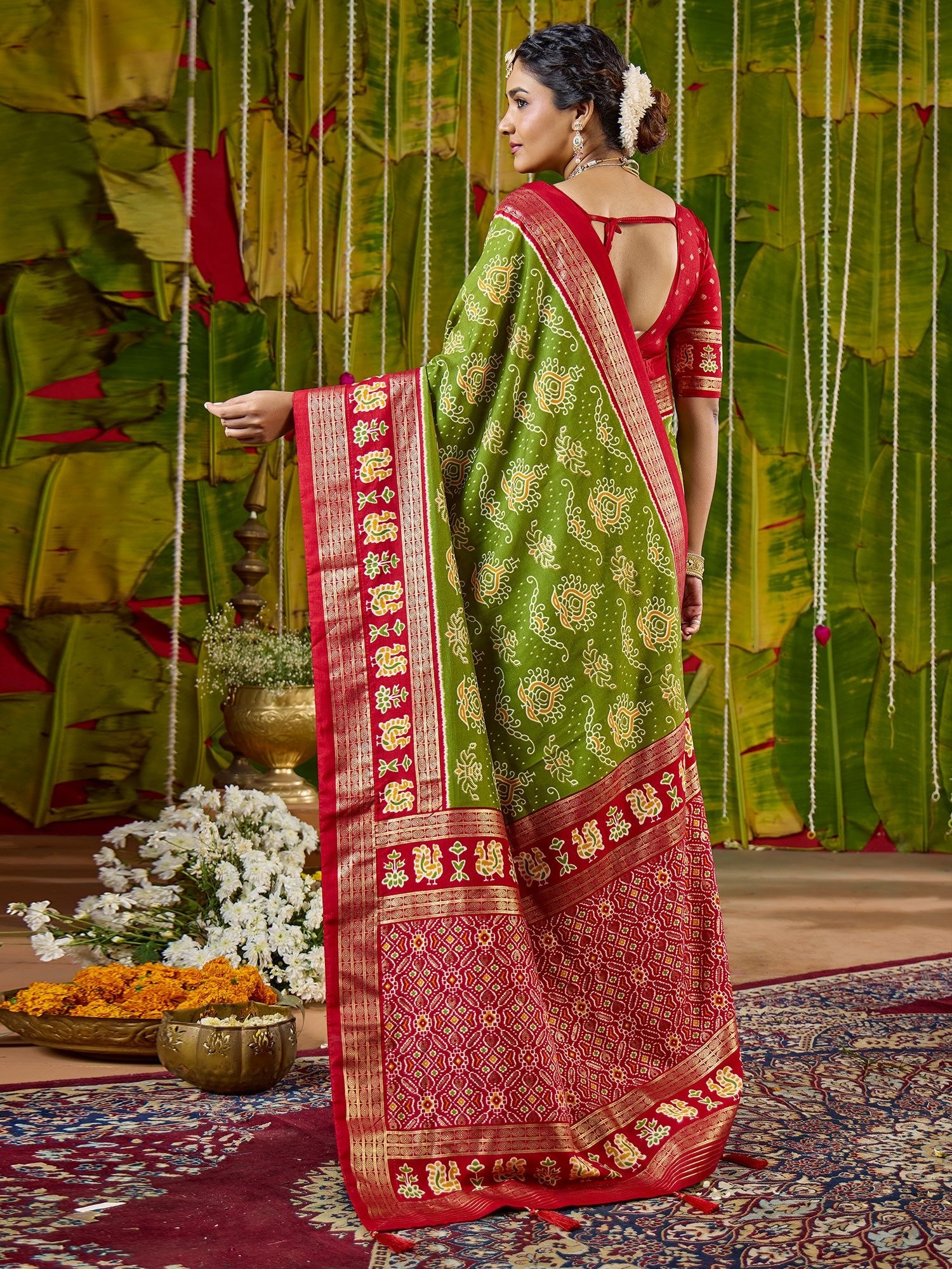 Green & Red Tussar Silk Saree with Zari Border - Ressa