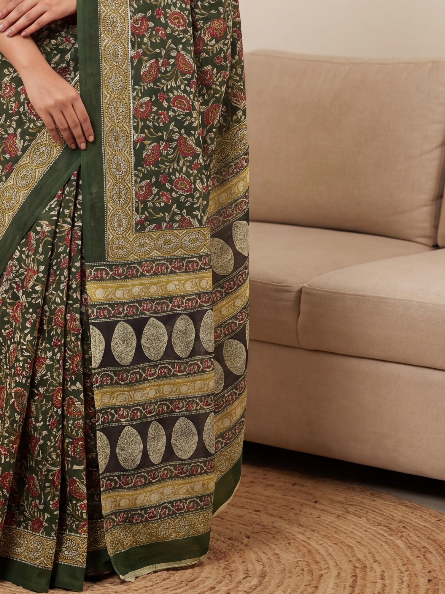 Green Saree Kalamkari Print Saree - Ressa