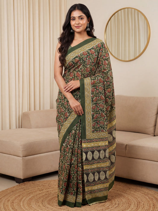 Green Saree Kalamkari Print Saree - Ressa