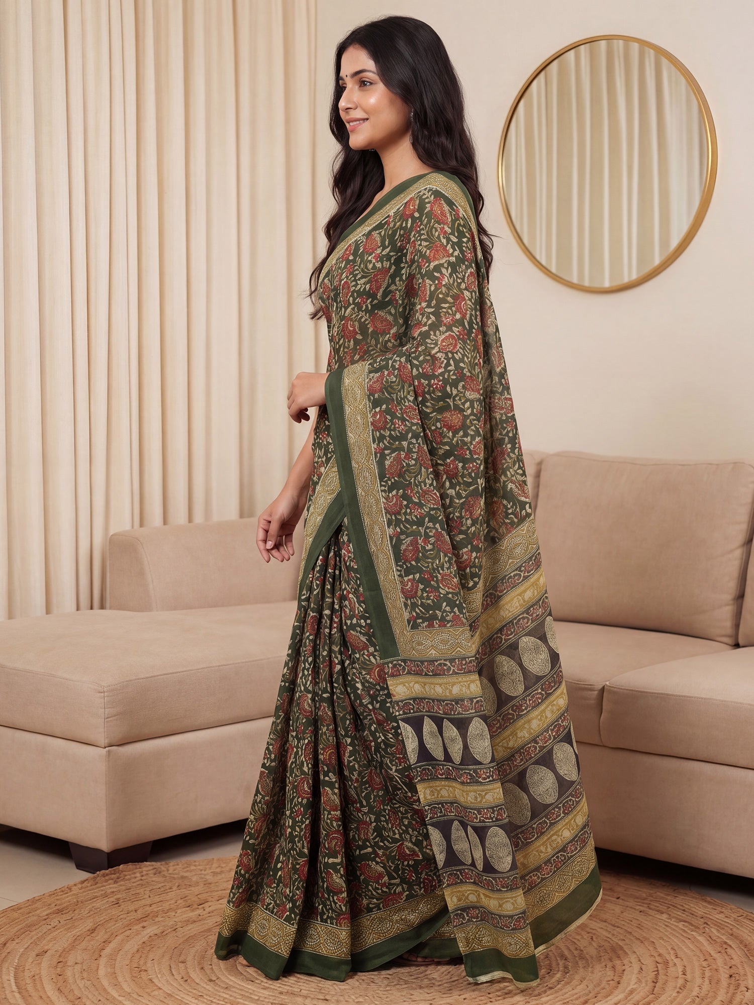 Green Saree Kalamkari Print Saree - Ressa