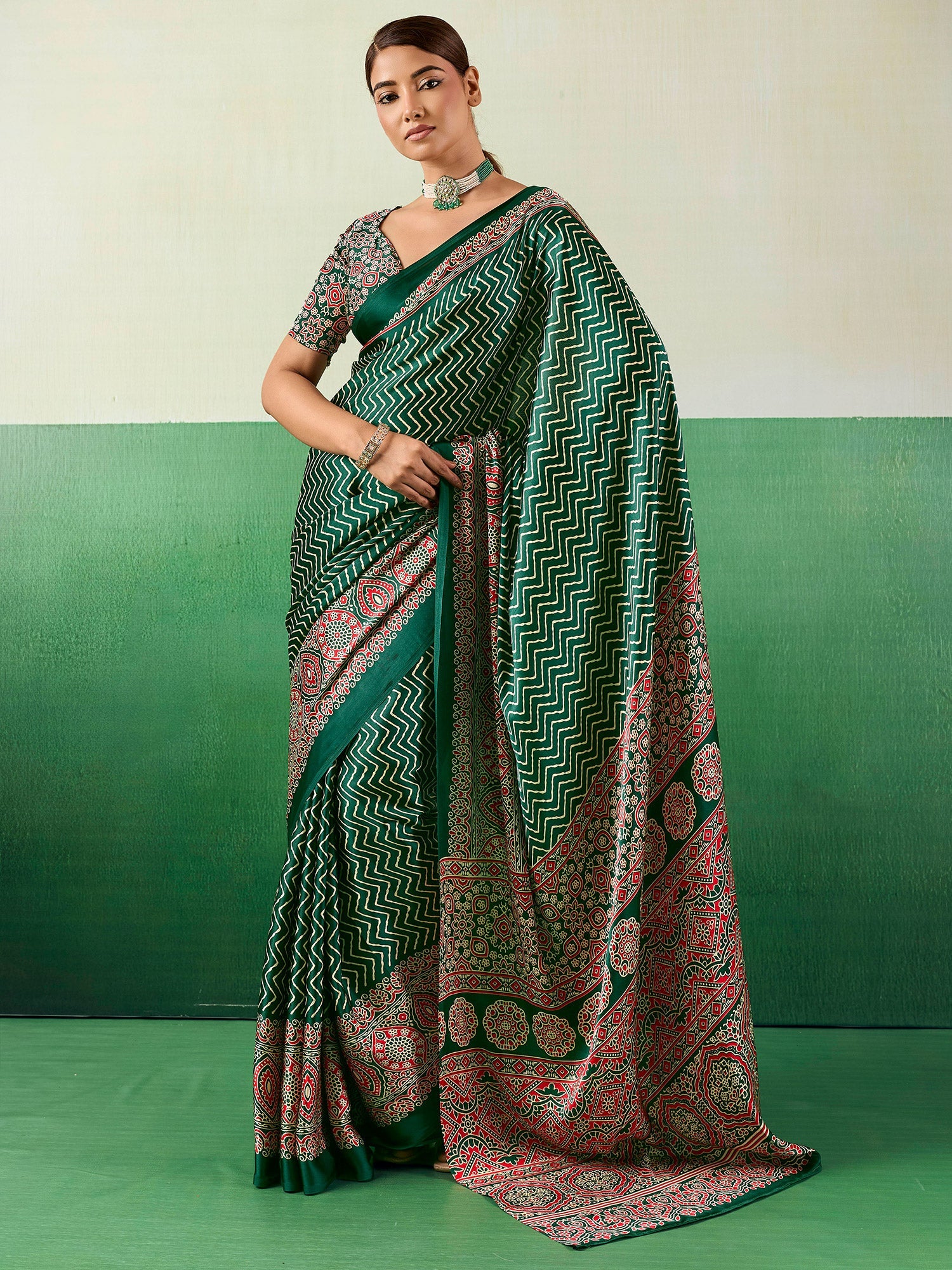 Green Satin Ajrakh Print Saree - Ressa