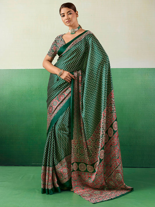 Green Satin Ajrakh Print Saree - Ressa