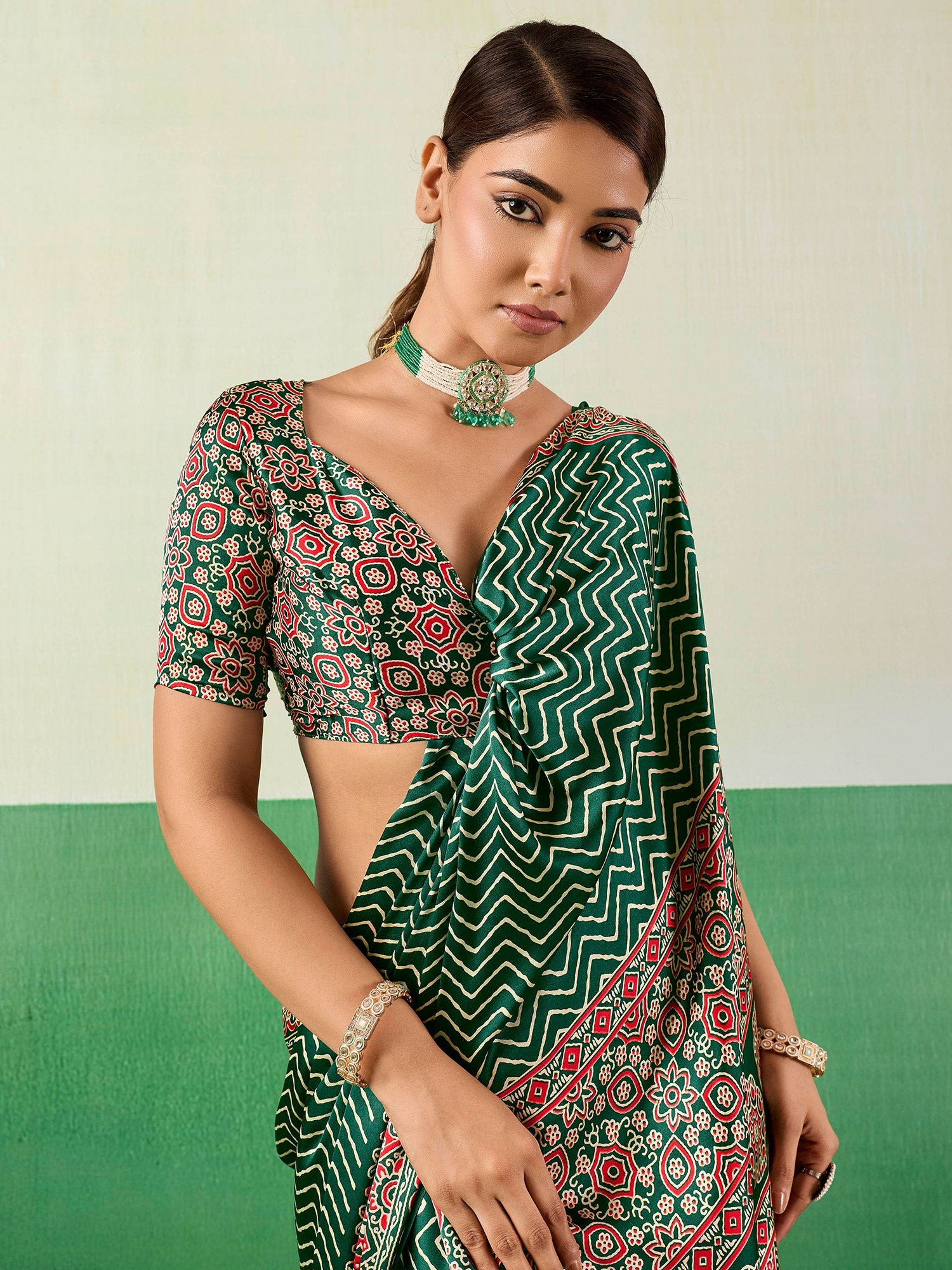 Green Satin Ajrakh Print Saree - Ressa