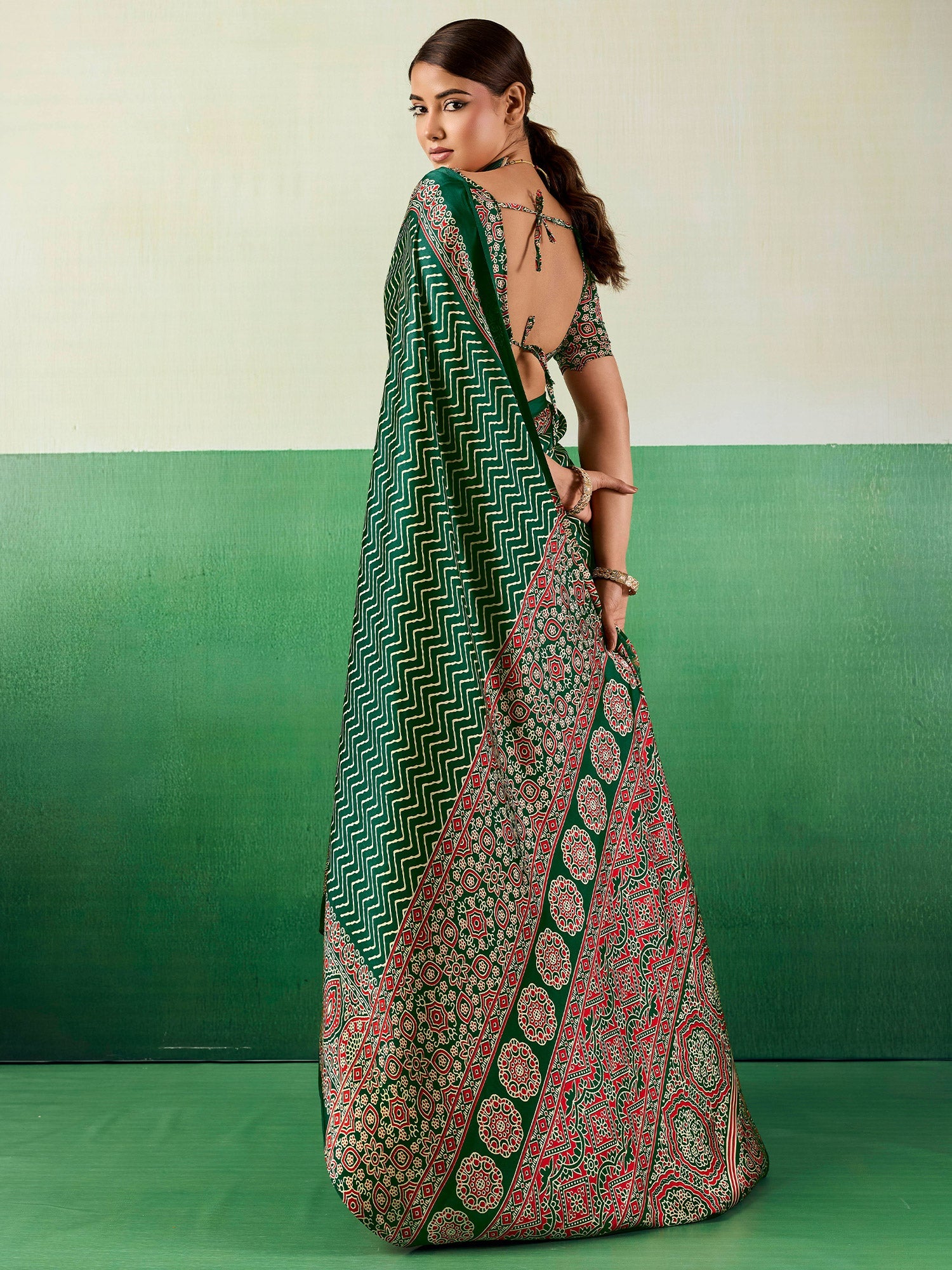 Green Satin Ajrakh Print Saree - Ressa