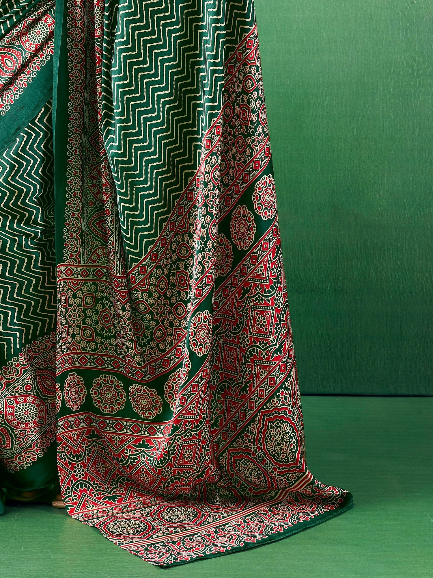 Green Satin Ajrakh Print Saree - Ressa