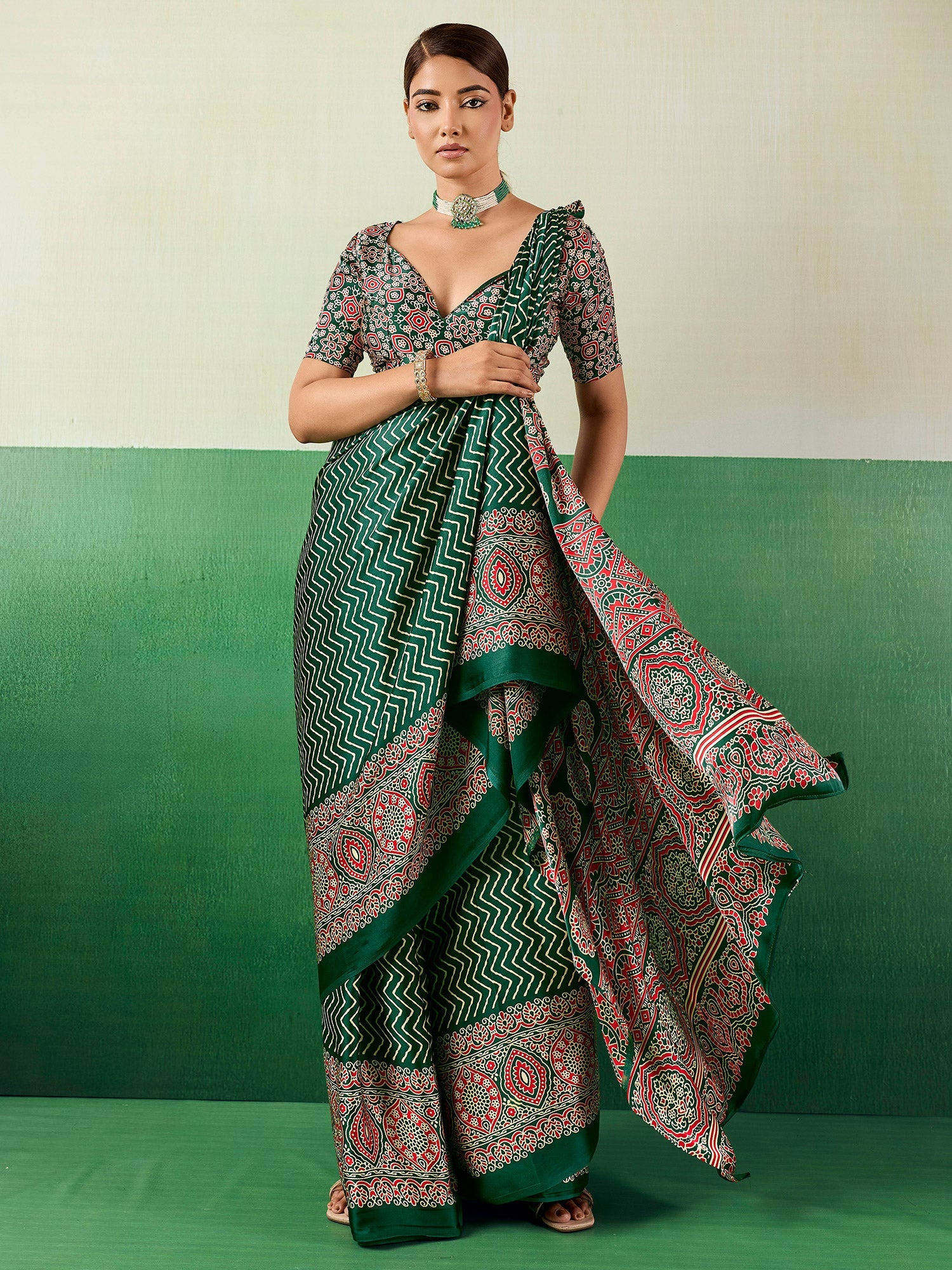 Green Satin Ajrakh Print Saree - Ressa