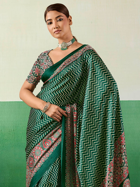 Green Satin Ajrakh Print Saree - Ressa