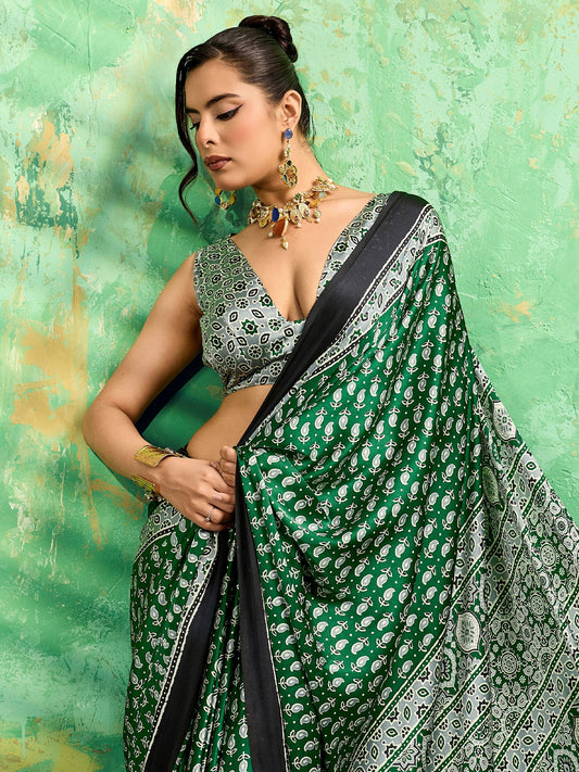 Green Satin Ajrakh Printed Saree - Ressa