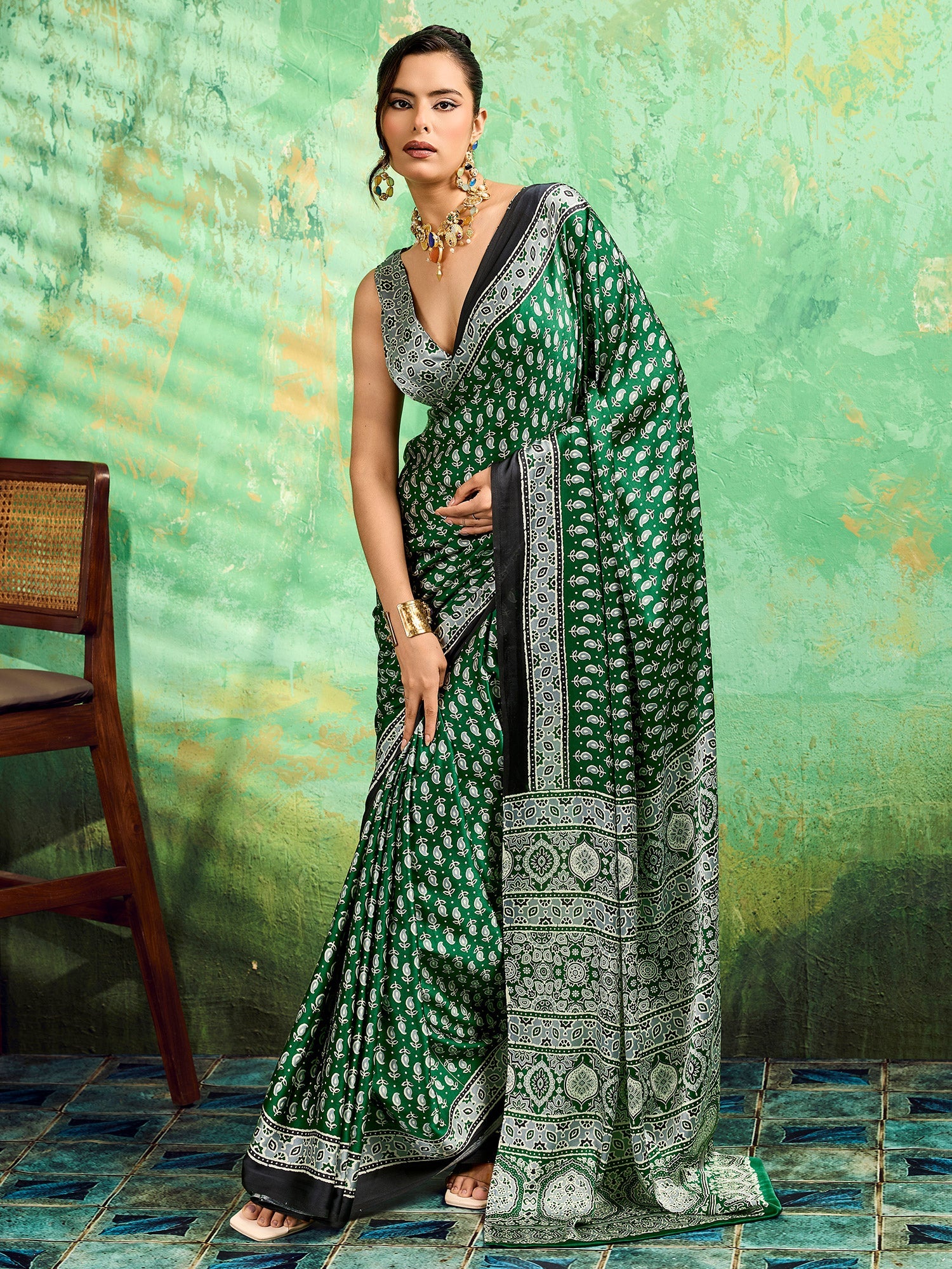 Green Satin Ajrakh Printed Saree - Ressa