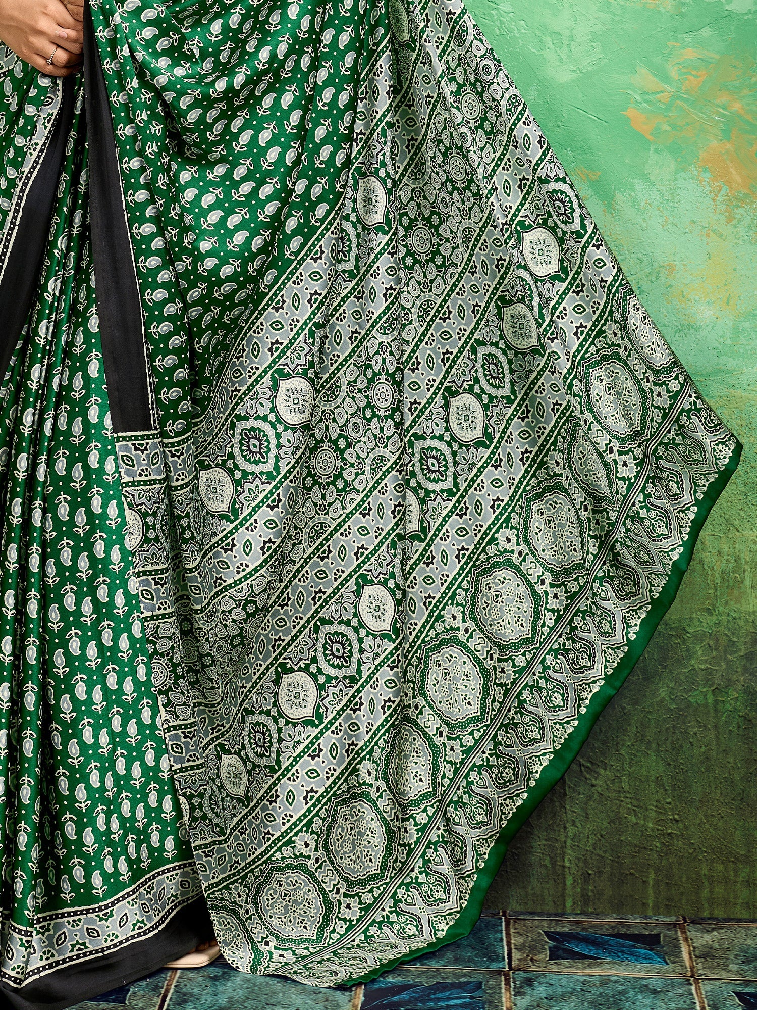 Green Satin Ajrakh Printed Saree - Ressa
