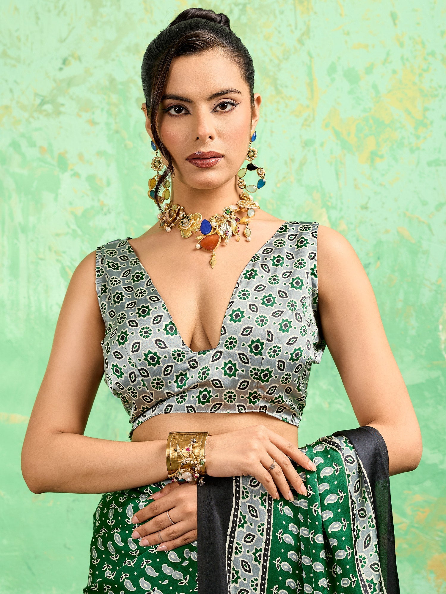 Green Satin Ajrakh Printed Saree - Ressa