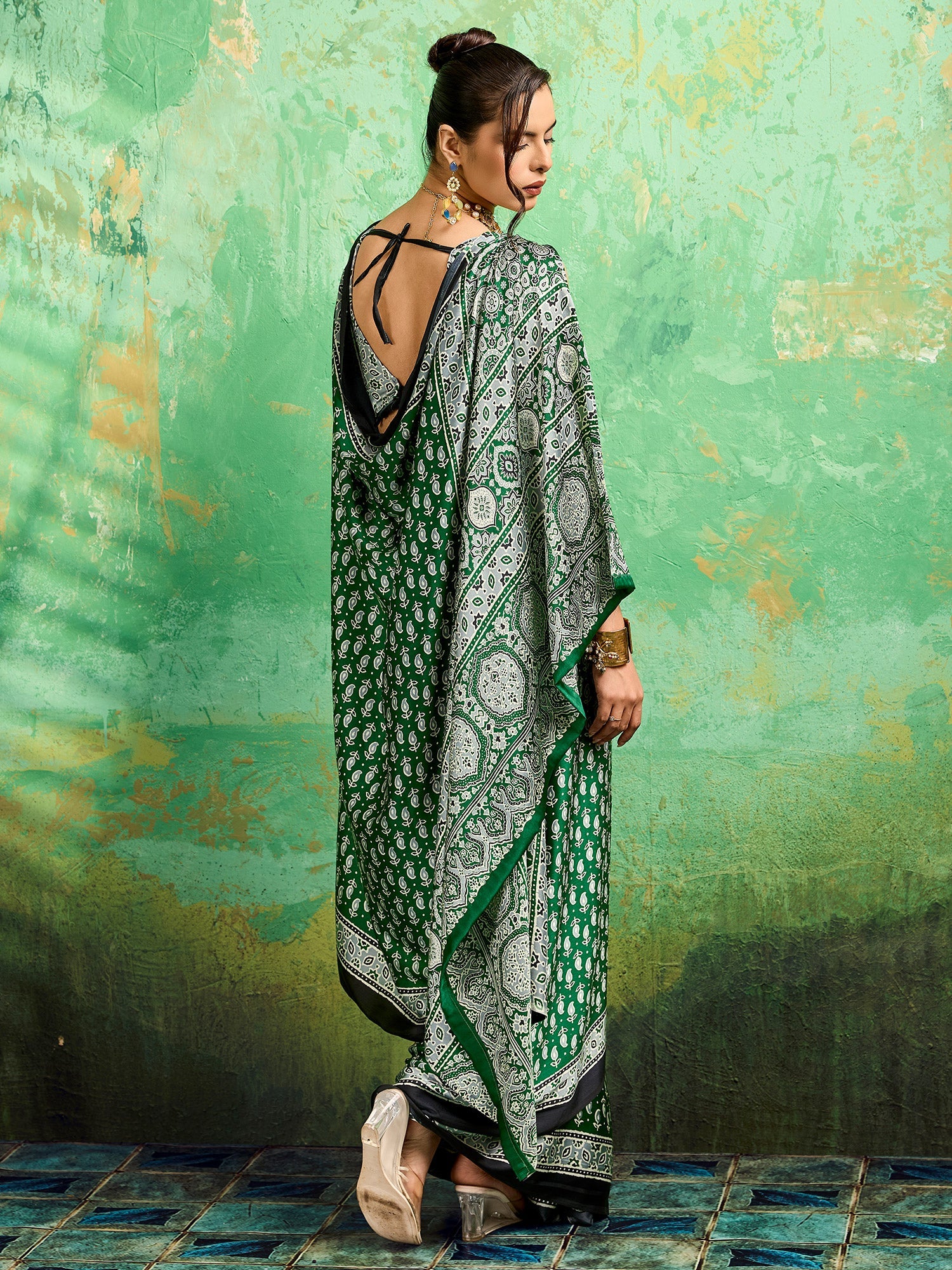 Green Satin Ajrakh Printed Saree - Ressa