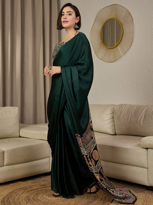 Green Satin Silk Ajrakh Block Printed Saree - Ressa