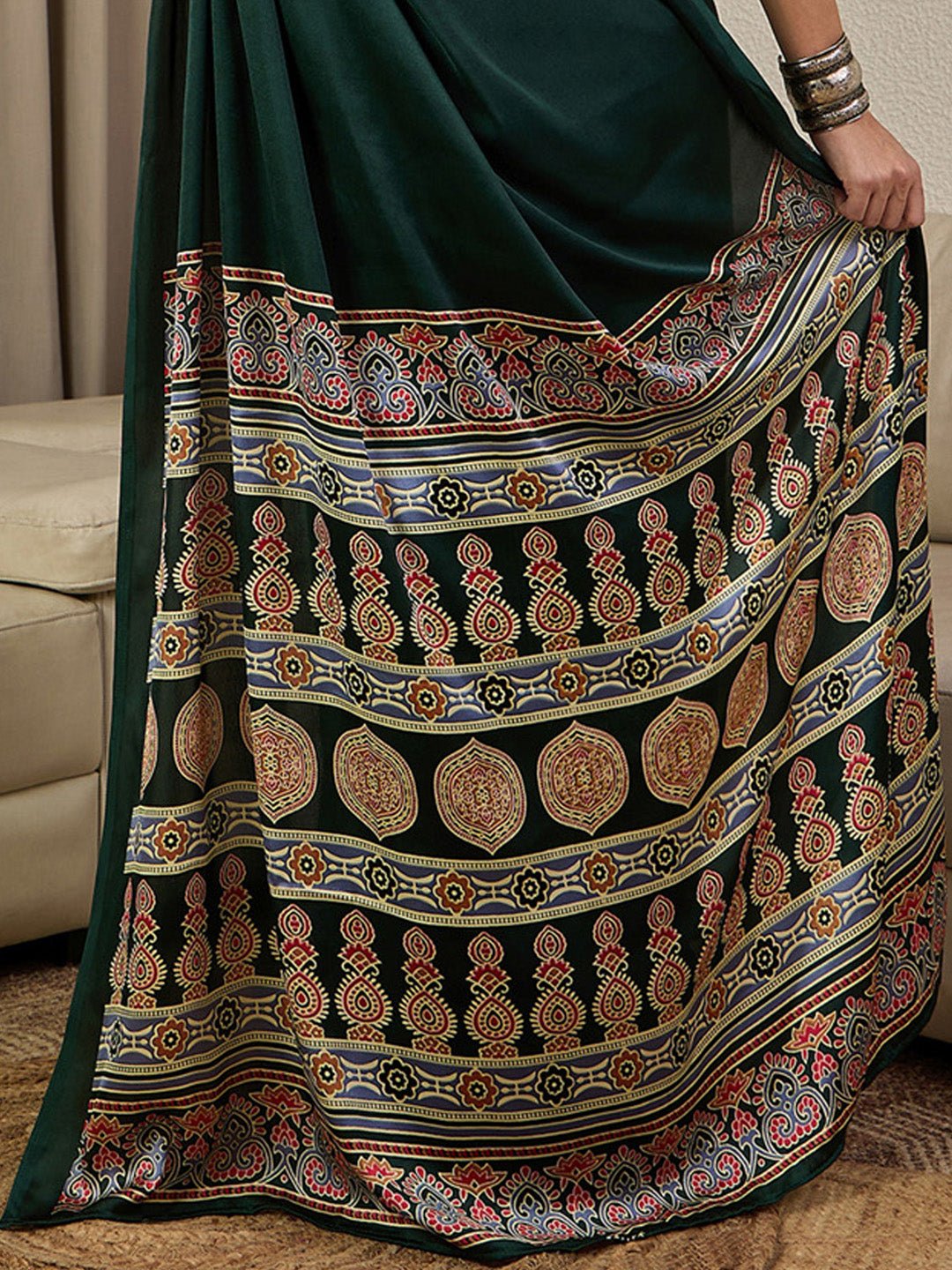 Green Satin Silk Ajrakh Block Printed Saree - Ressa