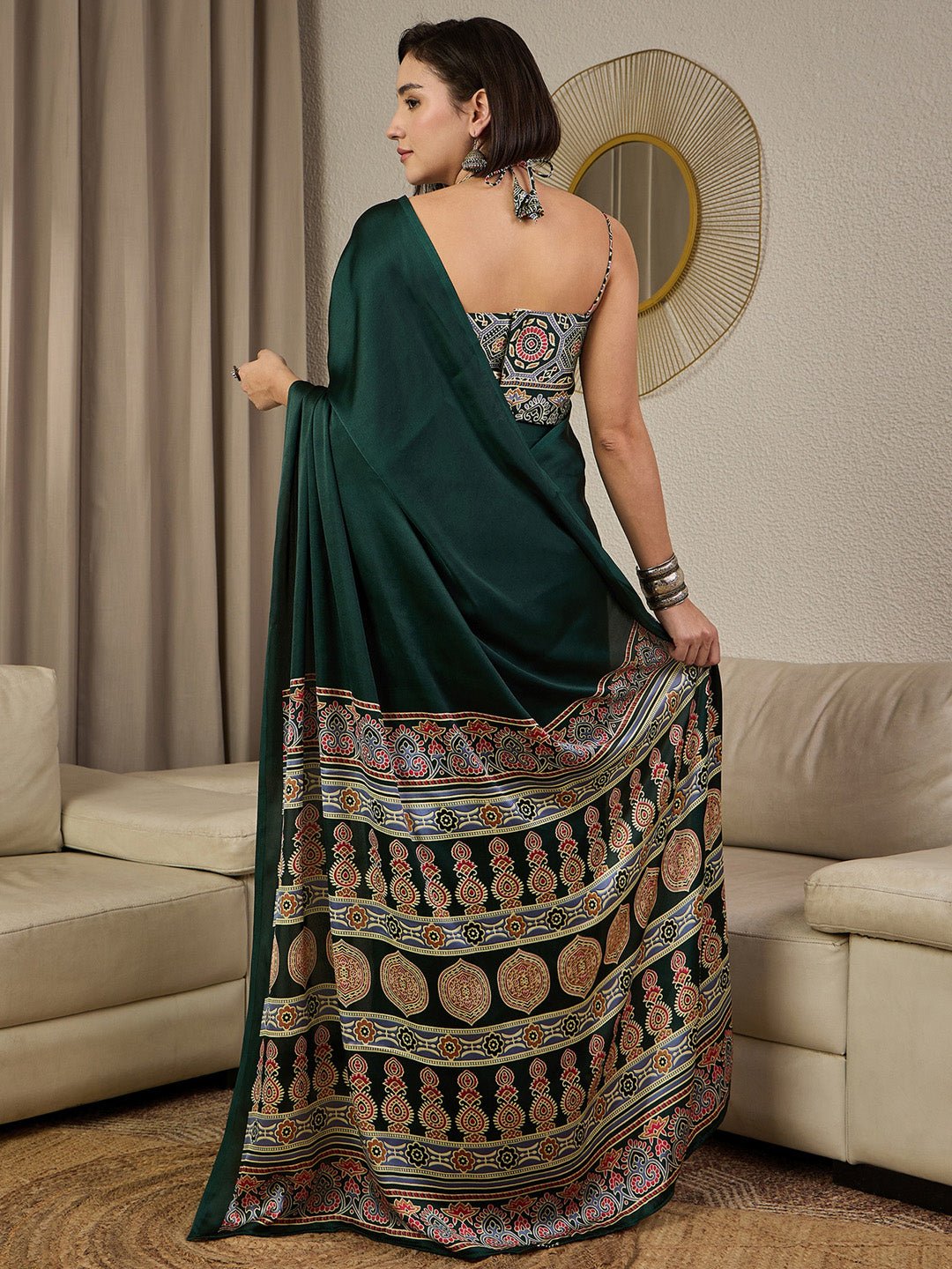 Green Satin Silk Ajrakh Block Printed Saree - Ressa