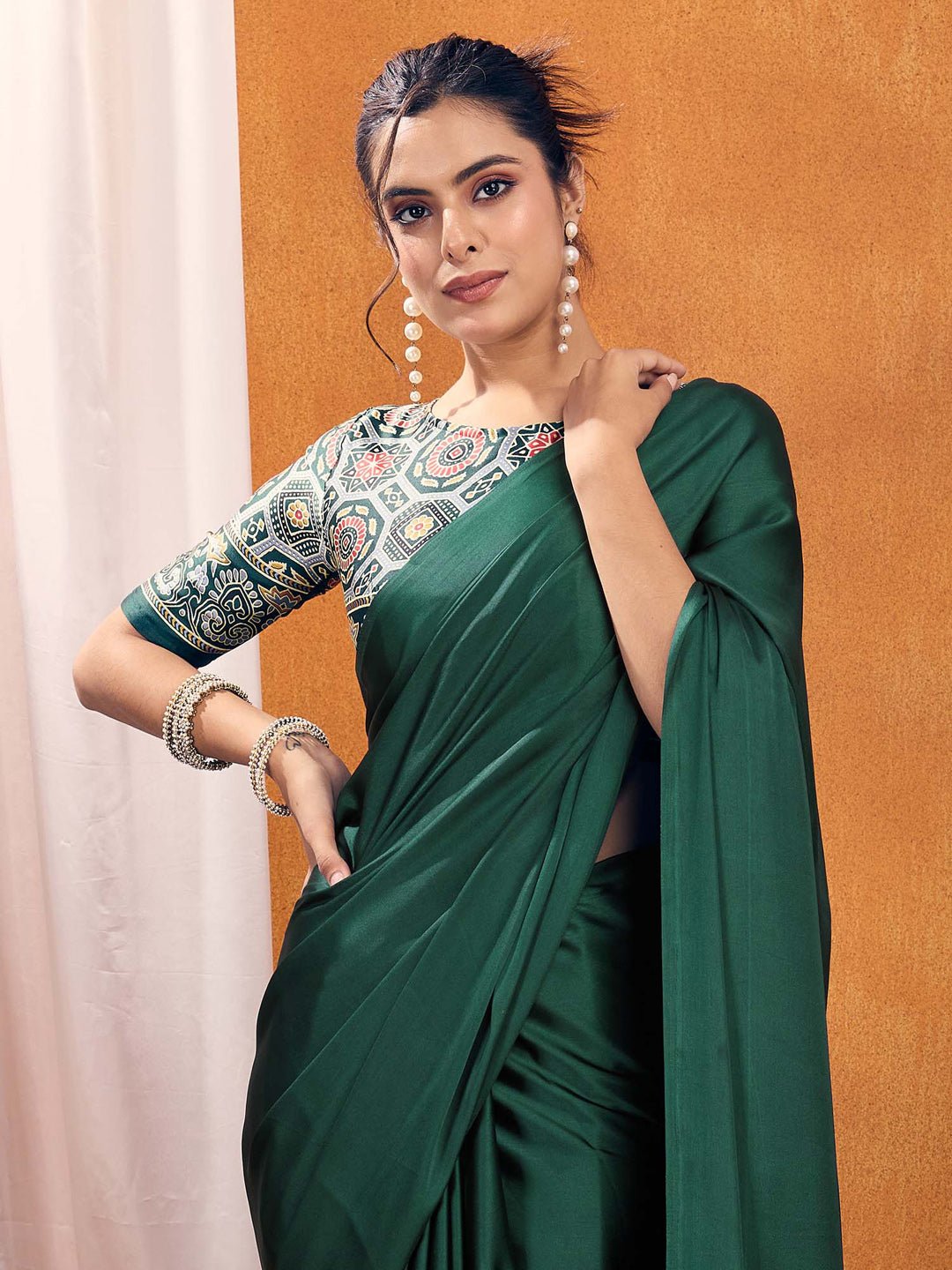 Green Satin-Silk Ajrakh Print Saree - Ressa