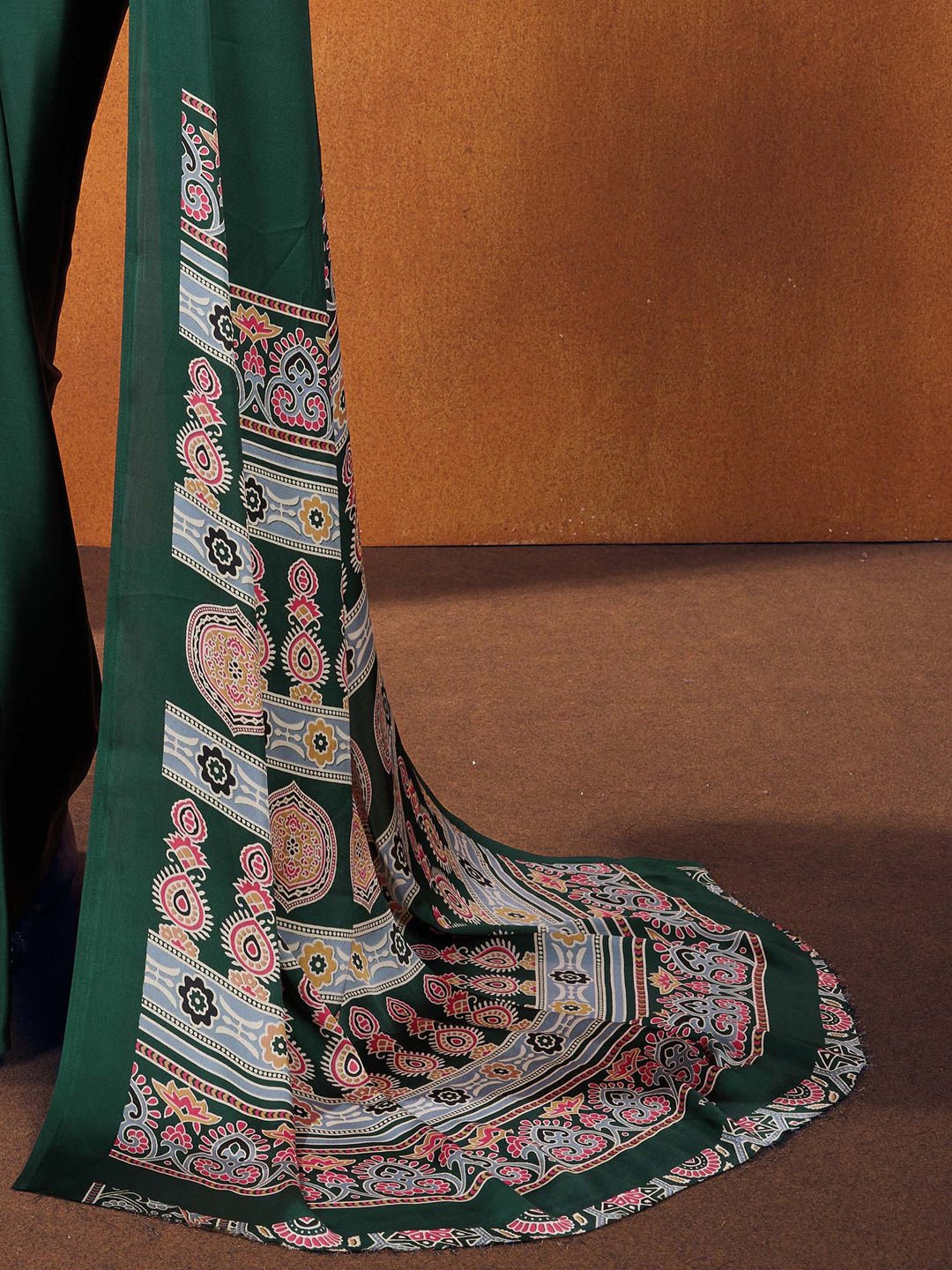 Green Satin-Silk Ajrakh Print Saree - Ressa