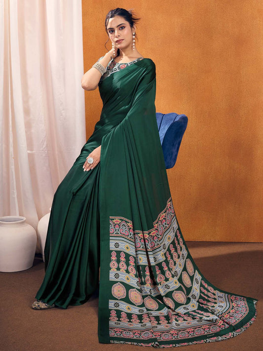 Green Satin-Silk Ajrakh Print Saree - Ressa