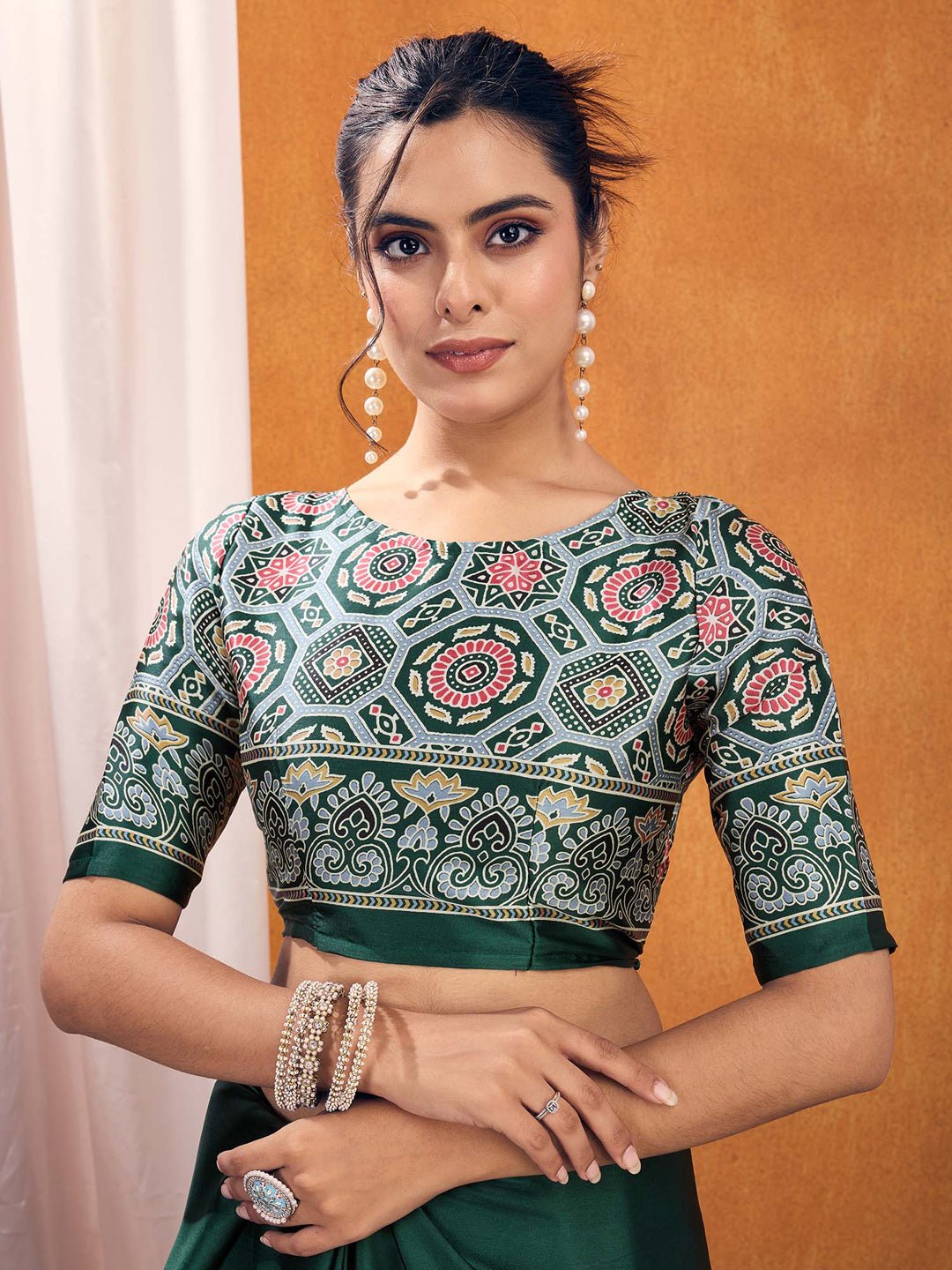 Green Satin-Silk Ajrakh Print Saree - Ressa