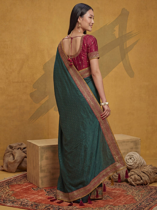 Green Satin Silk Saree with Embroidery Border - Ressa