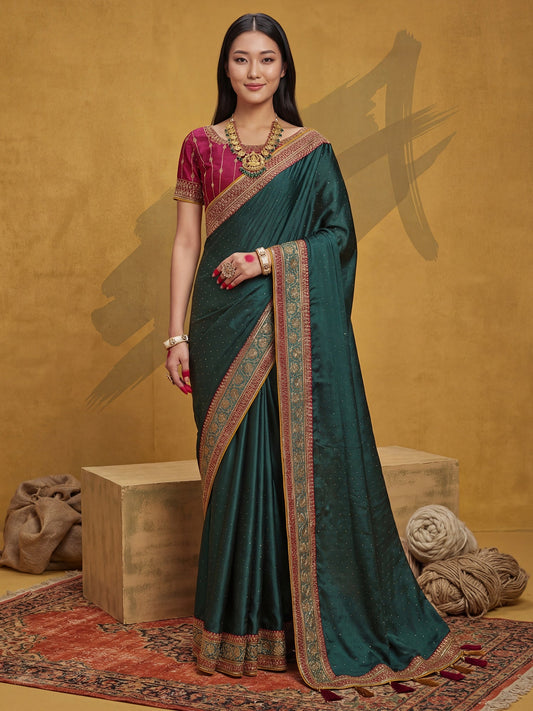Green Satin Silk Saree with Embroidery Border - Ressa