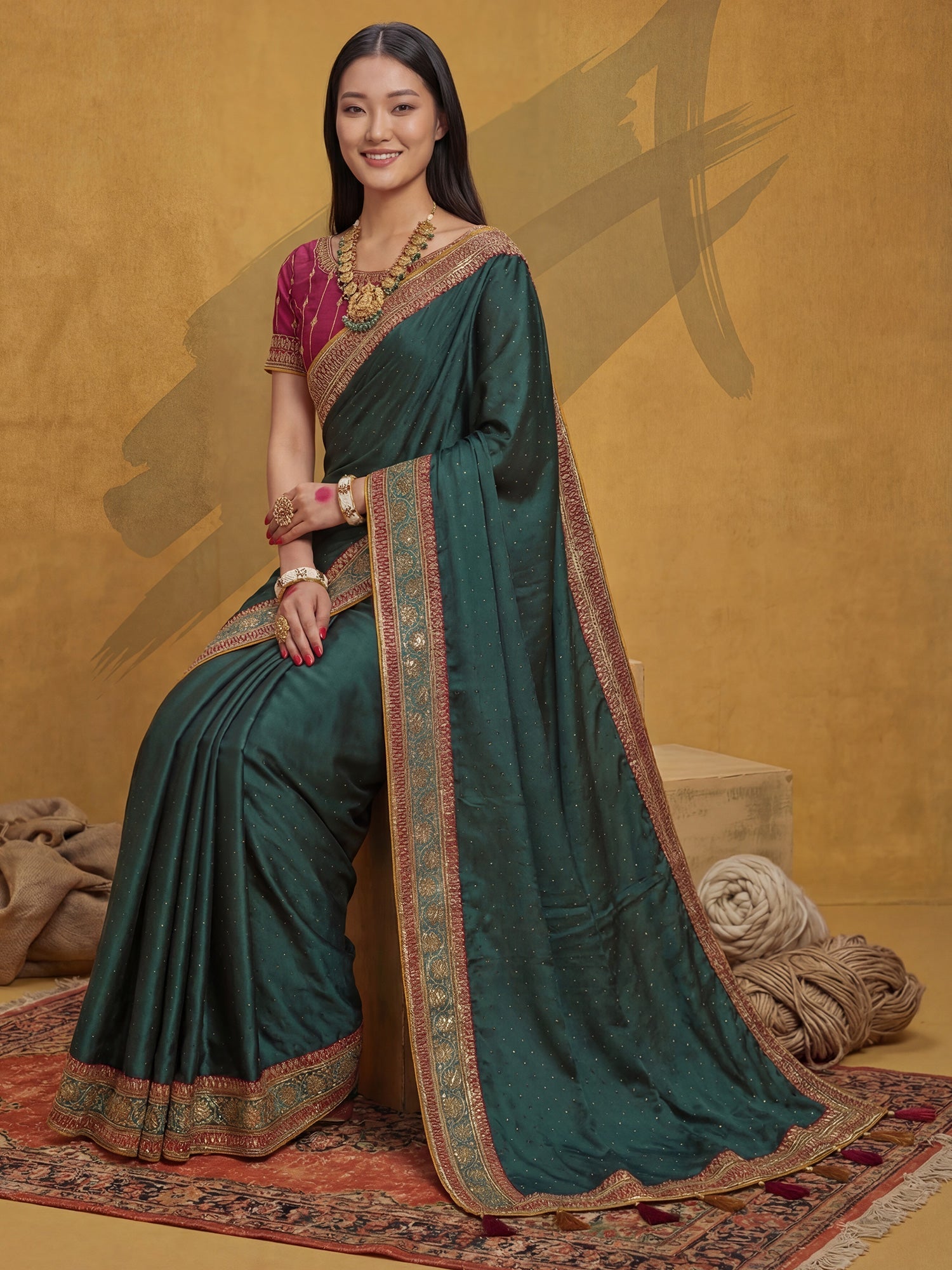 Green Satin Silk Saree with Embroidery Border - Ressa