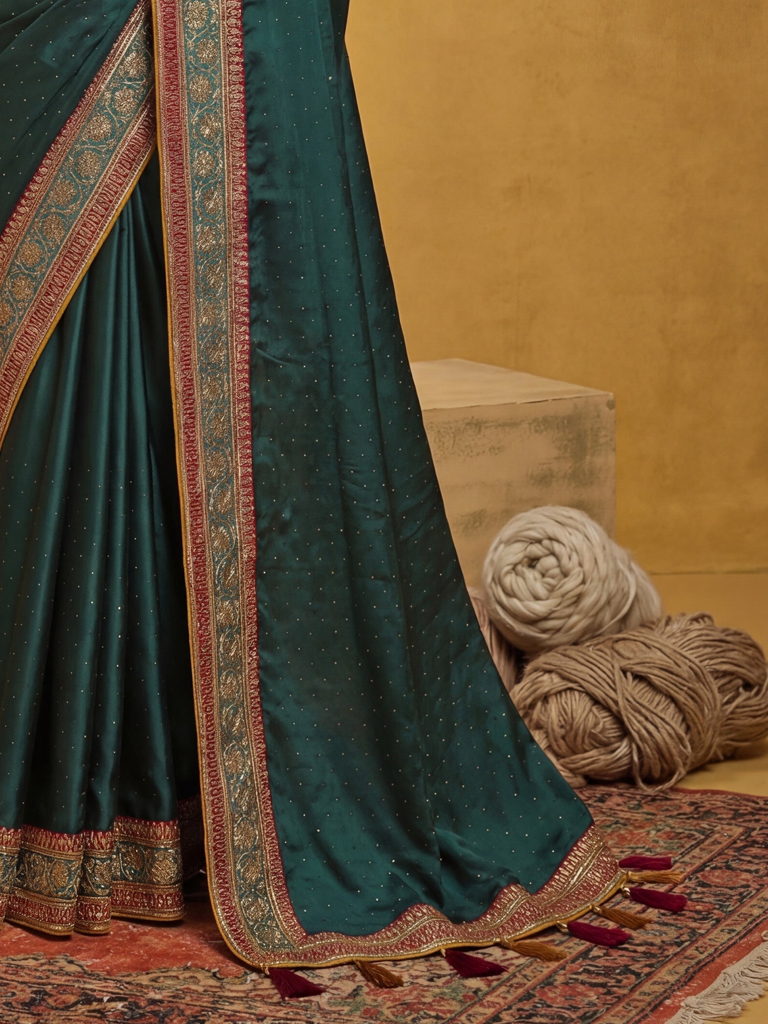 Green Satin Silk Saree with Embroidery Border - Ressa