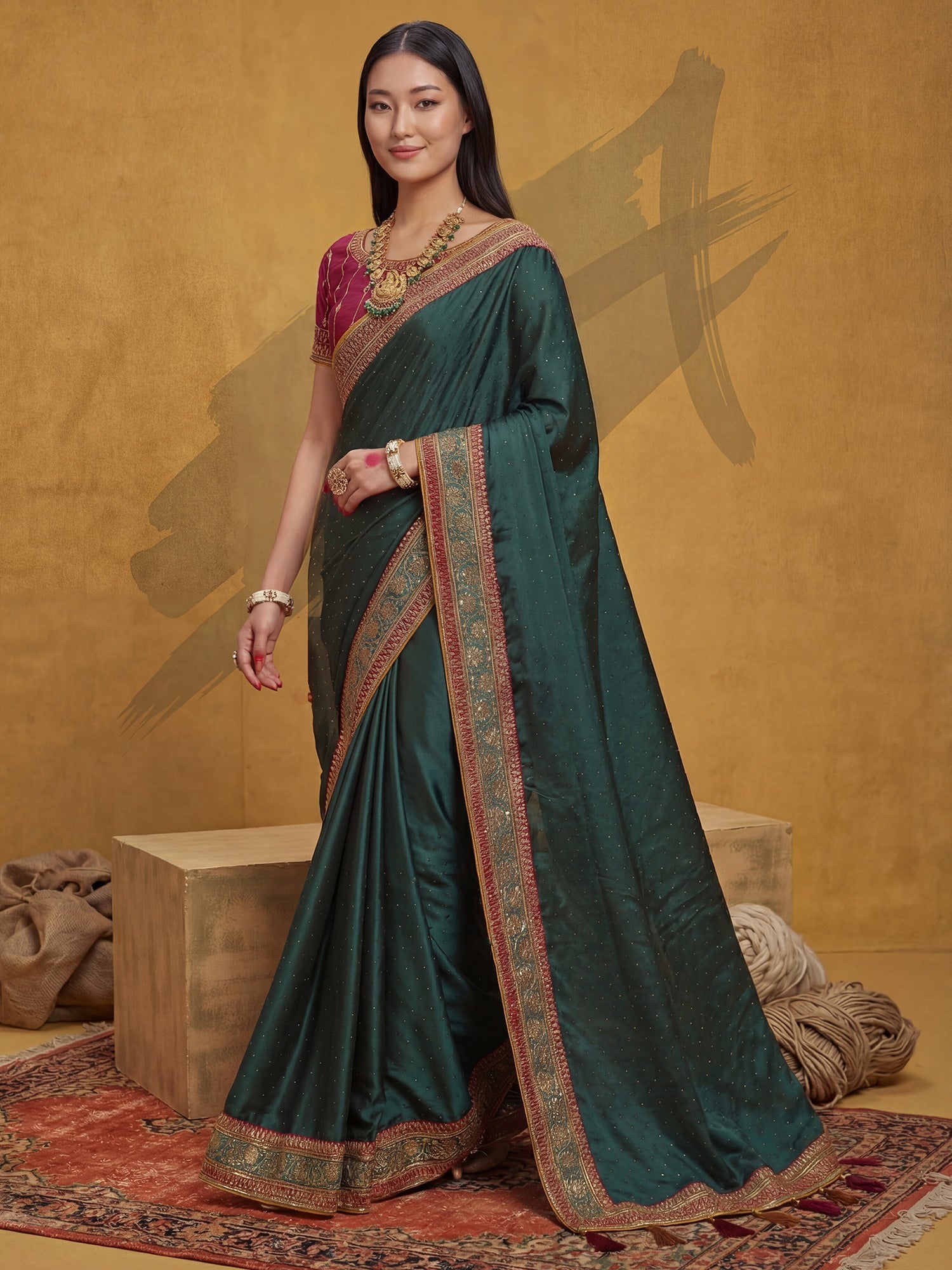 Green Satin Silk Saree with Embroidery Border - Ressa