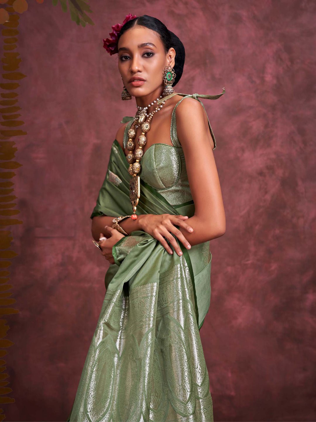 Green Satin Silk Woven Zari Saree - Ressa
