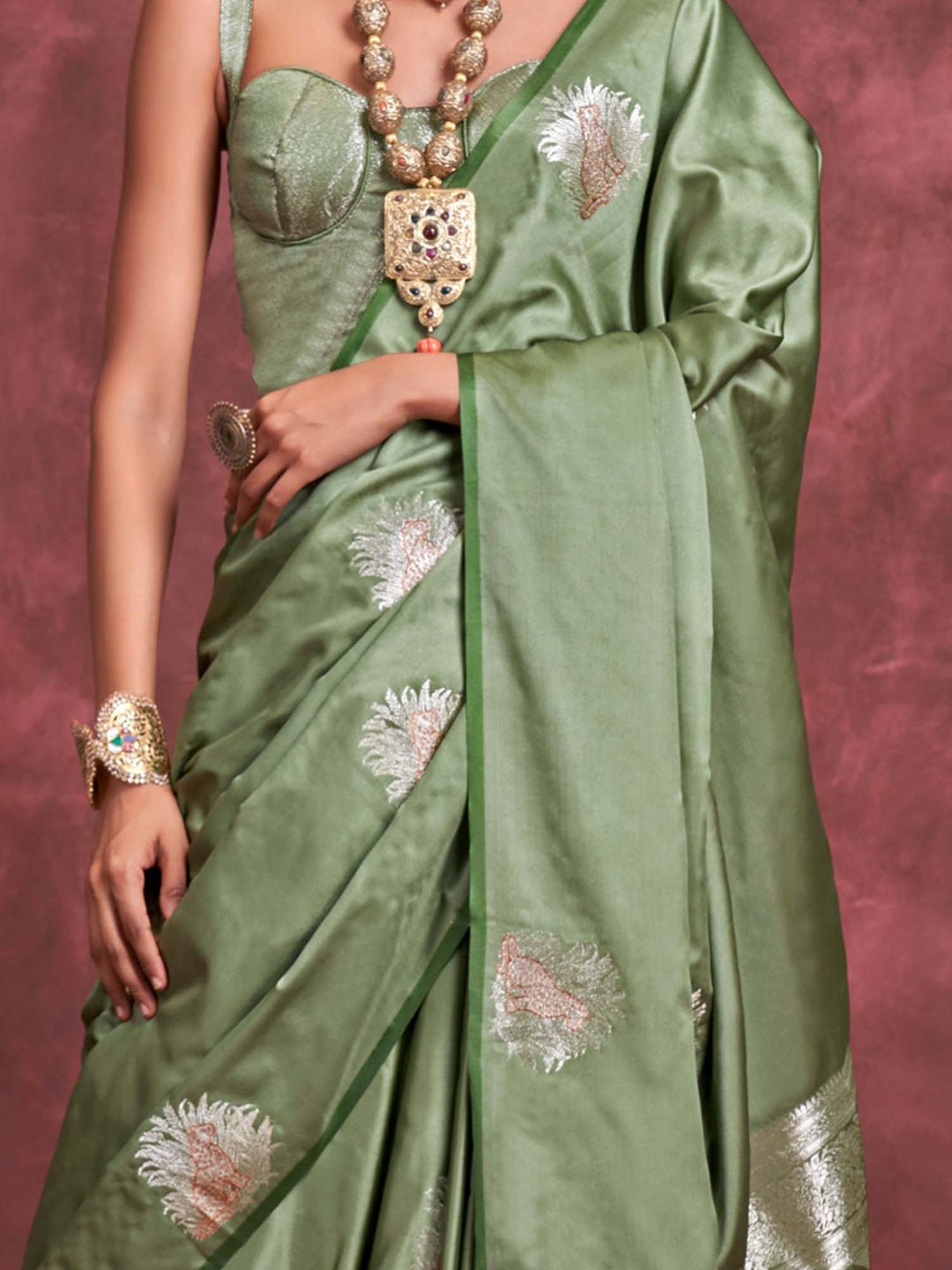 Green Satin Silk Woven Zari Saree - Ressa