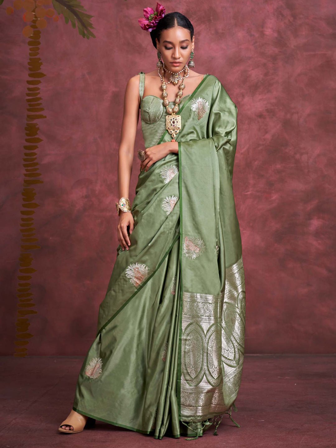Green Satin Silk Woven Zari Saree - Ressa