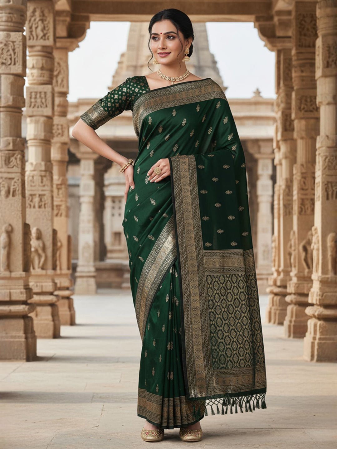 Green Silk Blend Banarasi Silk Saree - Ressa