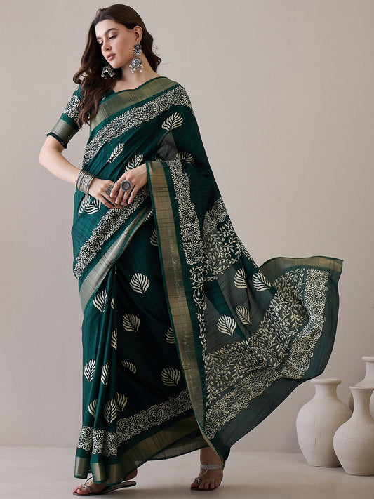Green Silk Blend Batik Printed Saree - Ressa