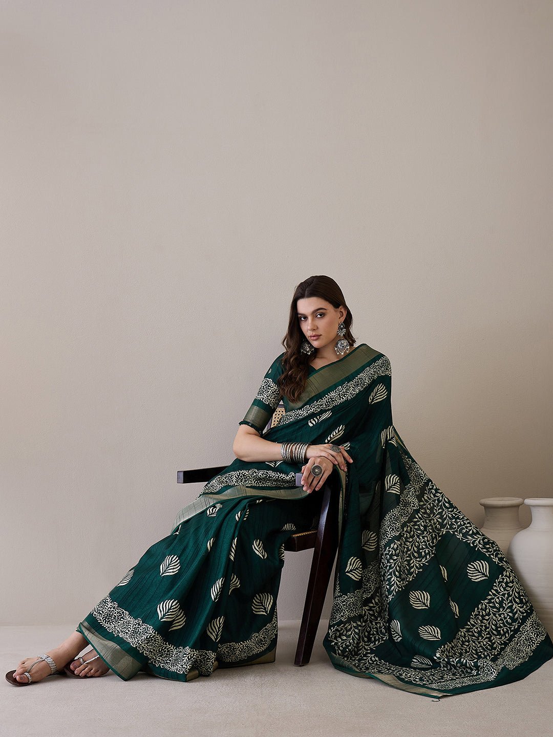 Green Silk Blend Batik Printed Saree - Ressa