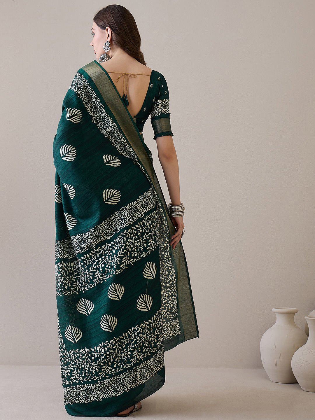 Green Silk Blend Batik Printed Saree - Ressa