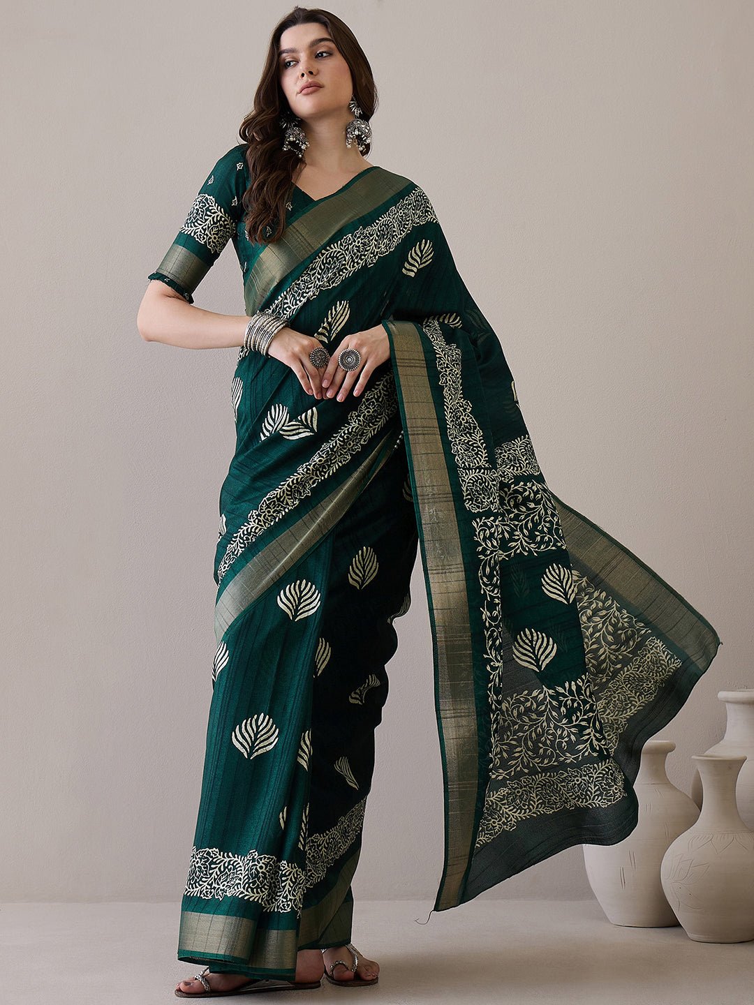 Green Silk Blend Batik Printed Saree - Ressa