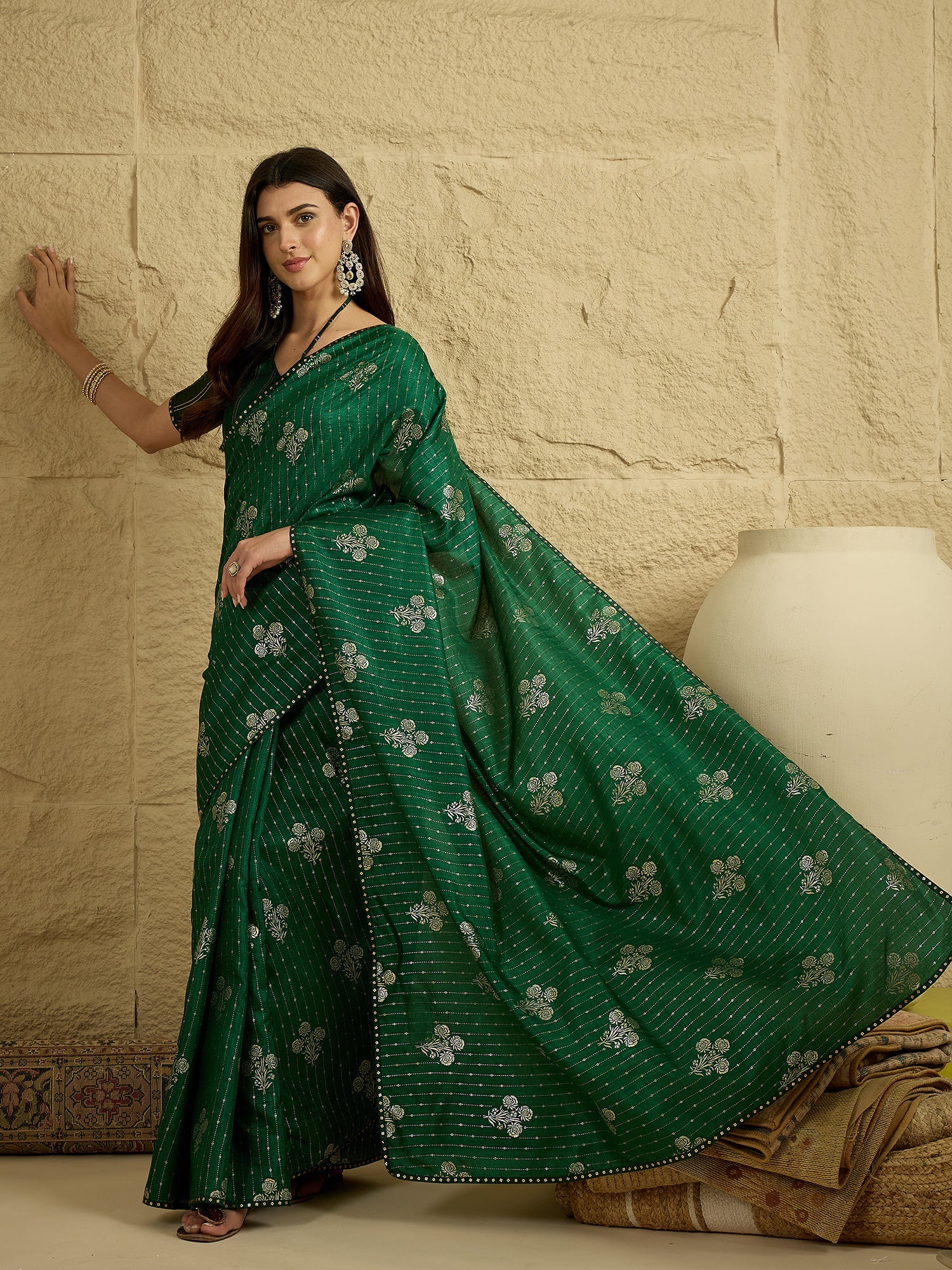 Green Silk Blend Silver Foil Print Saree - Ressa