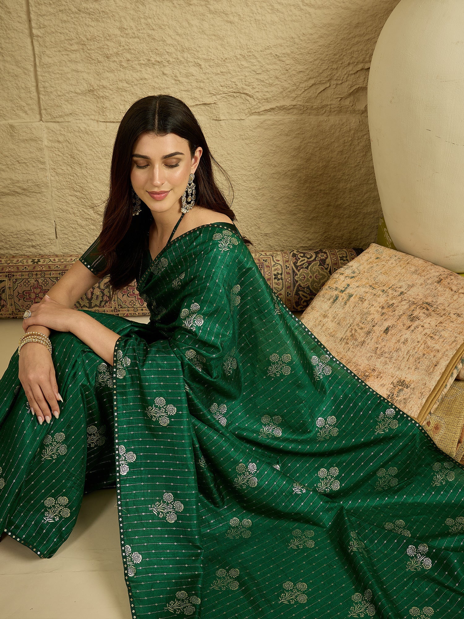 Green Silk Blend Silver Foil Print Saree - Ressa