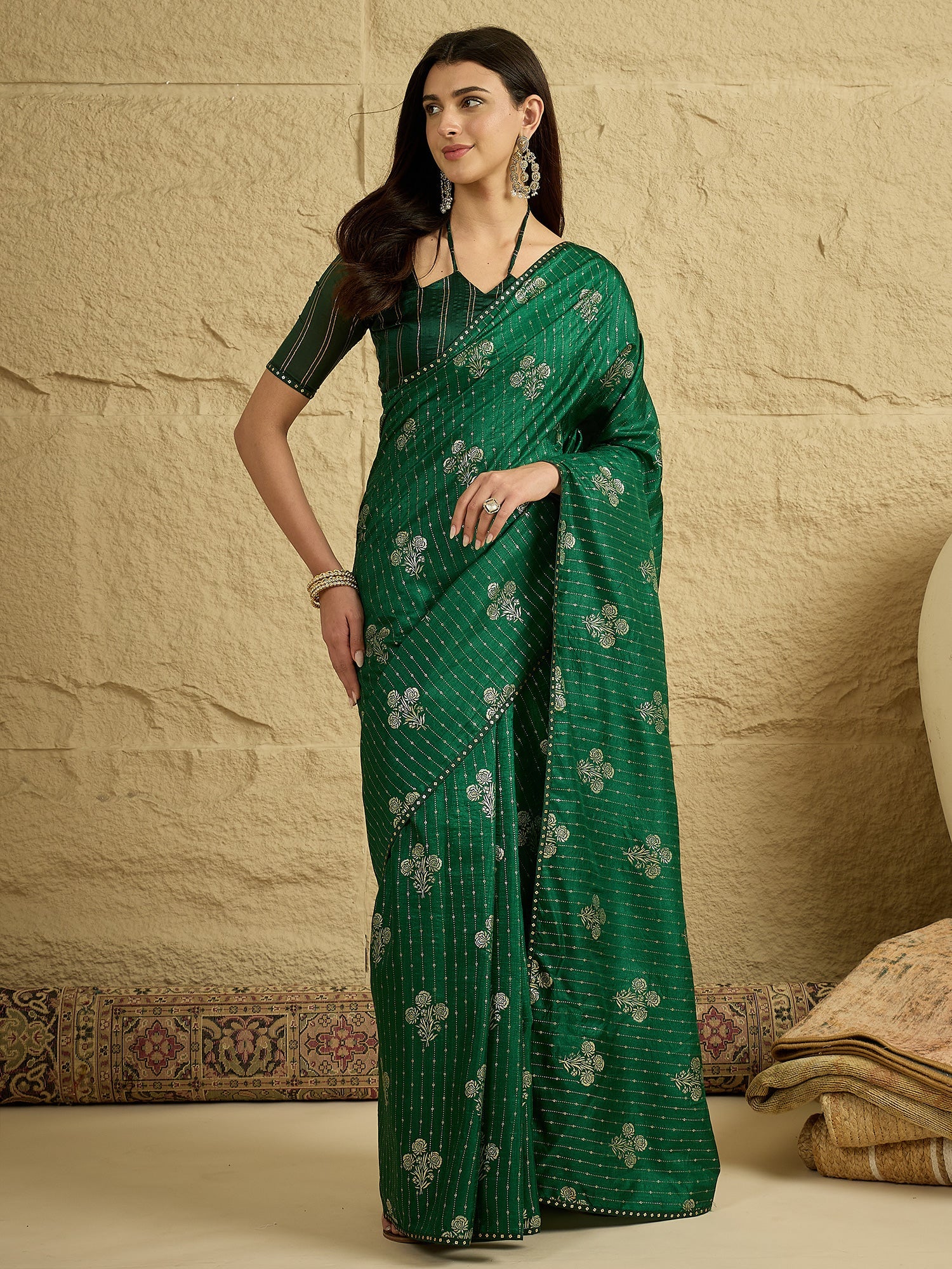 Green Silk Blend Silver Foil Print Saree - Ressa