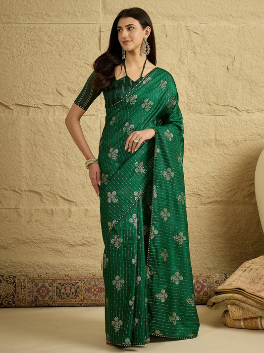 Green Silk Blend Silver Foil Print Saree - Ressa